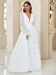 SHEIN Belle Plunging Neck Flare Sleeve Split Thigh Embroidery Mesh Wedding Dress, White Elegant Long Sleeve Bridal Dress, Bridal Shower Dress White Dress