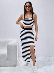 SHEIN EZwear Striped Pattern Cami Knit Top & Split Thigh Knit Skirt