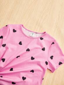 SHEIN Young Girl Heart Print PJ Set - Pink - View 4