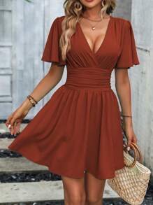 EMERY ROSE Plunging Neck Butterfly Sleeve Ruched Waist Dress