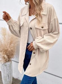 SHEIN Frenchy 翻蓋細節落肩袖腰帶燈芯絨大衣 - 杏色 - 查看 4