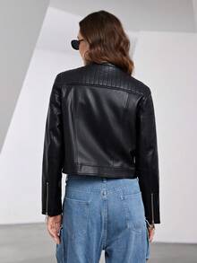 Zip Up PU Leather Moto Jacket - Black - View 2
