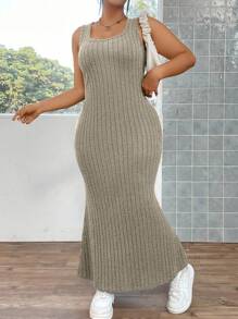 Flirla Plus Ribbed Knit Mermaid Hem Tank Dress - Brown - View 6