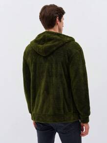 RueChic Men 1pc Zip Up Drawstring Hooded Teddy Jacket - Dark Green - View 2