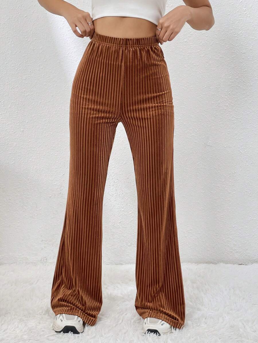 SHEIN EZwear Solid Flare Leg Pants - Brown - View 1