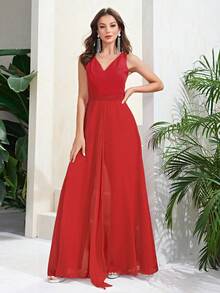 Double Crazy Contrast Lace Chiffon Maxi Overlay Jumpsuit Formal Dresses For Women - Red - View 6