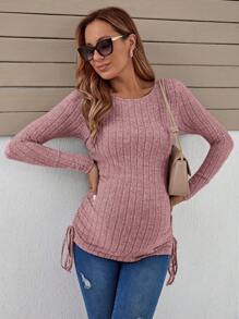 SHEIN Áo thun Bà bầu Xù Gân đan Dây kéo màu trơn Giải trí - Bụi hồng - Xem 3