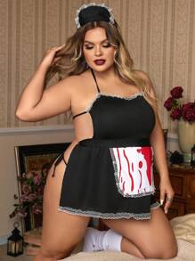 Plus Halloween Contrast Lace Halter Dress With Thong & Hairhoop - Black and White - View 5