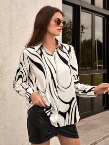 SHEIN Frenchy Áo sơ mi nữ Nút Nút phía trước Tất cả trên in Giải trí - Màu be - Xem 3