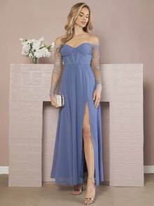 SHEIN Belle Off Shoulder Split Thigh Dress - Blue - View 6