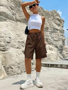 SHEIN Unity Flap Pocket Side Drawstring Waist Cargo Shorts - Chocolate Brown - View 6