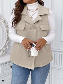 SHEIN Unity Chaleco acolchado de talla grande con doble botonadura y bolsillo con solapa, ropa de invierno - Caqui - Ver 6