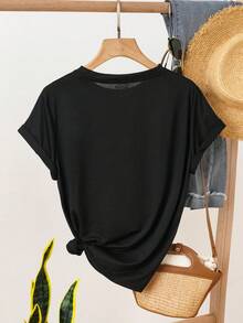 SHEIN EZwear Cat And Letter Graphic Tee - Black - View 2