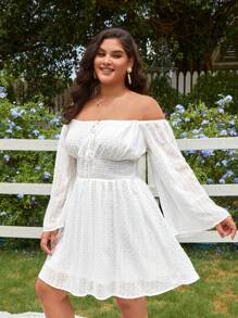 SHEIN VCAY Cộng với váy phía trước có nút thắt trễ vai của Thụy Sĩ - trắng - Xem 4