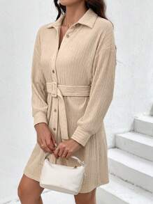 SHEIN Essnce Drop Shoulder Belted Shirt Dress - Apricot - View 4