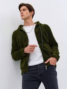 RueChic Men 1pc Zip Up Drawstring Hooded Teddy Jacket - Dark Green - View 6