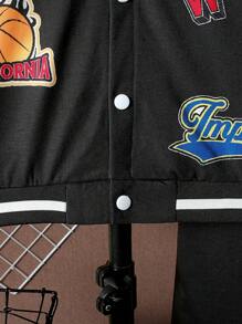 SHEIN Tween Boy Letter Graphic Two Tone Varsity Jacket & Sweatpants Without Tee - Black and White - View 4