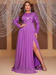 YISIKADO 優雅亮片拼接 高衩純色加大洋裝 - 紫色 - 查看 1