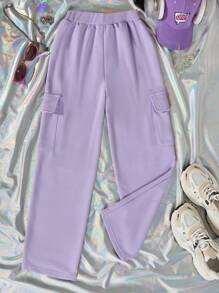 SHEIN Tween Girl Flap Pocket Side Cargo Pants - Mauve Purple - View 2