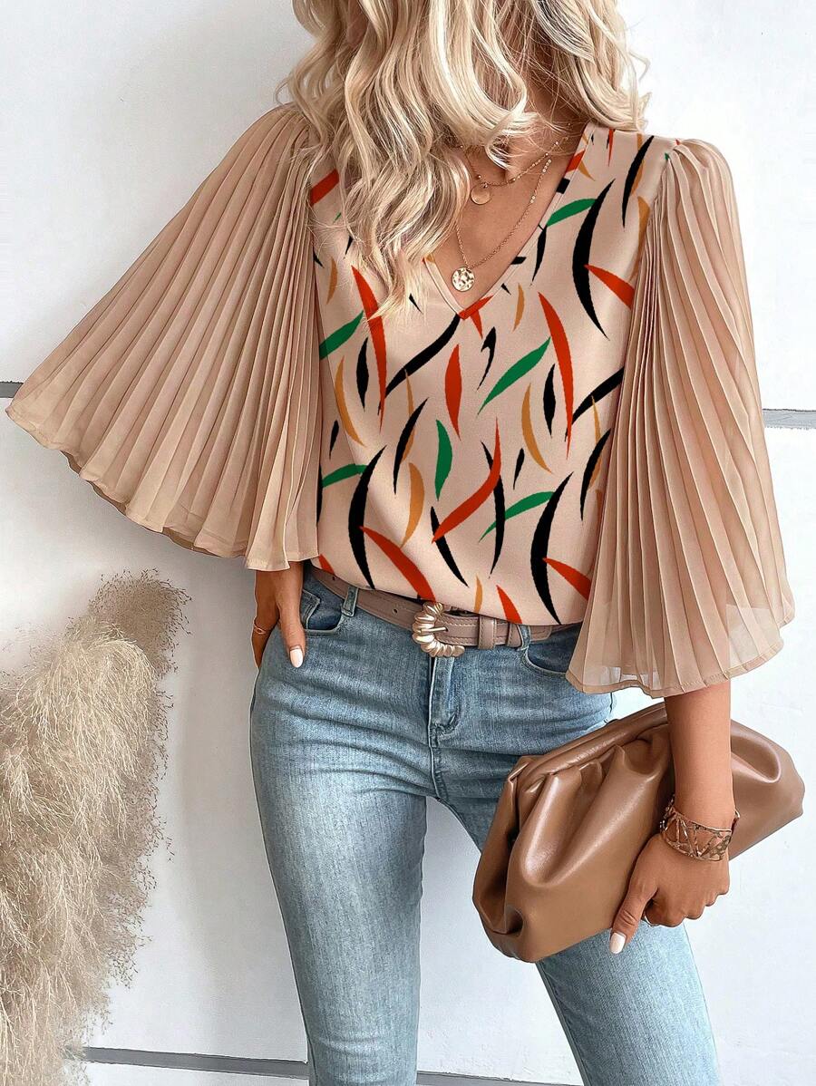 SHEIN Clasi Graphic Print Pleated Trumpet Sleeve Blouse - Apricot - View 1
