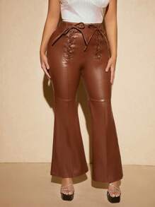 SHEIN SXY Lace Up Front Flare Leg Patent Pants - Coffee Brown - View 10