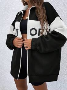 EURMUSE Letter Graphic Two Tone Drop Shoulder Zip Up Sweatshirt - White - View 7