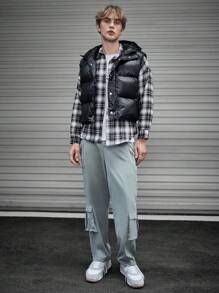 Manfinity VCAY 1 件拉链开合连帽超宽松无袖棉服外套，适合秋冬 - 黑色 - 查看 6