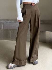 DAZY 毛邊緣闊腿褲 - 棕色 - 查看 1