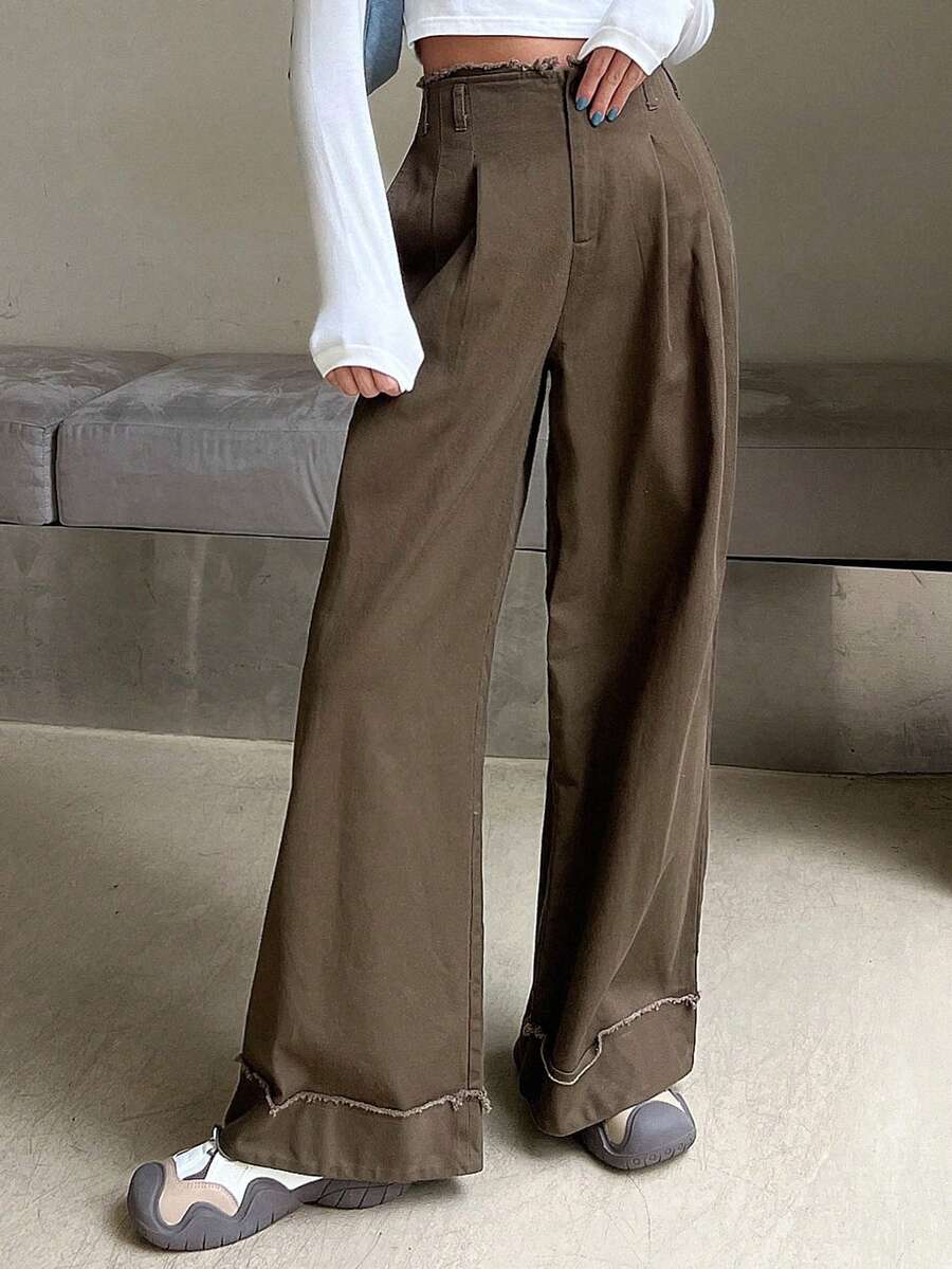 DAZY 毛邊緣闊腿褲 - 棕色 - 查看 1