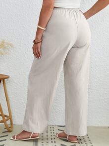 SHEIN VCAY Plus Solid Straight Leg Pants - Beige - View 2