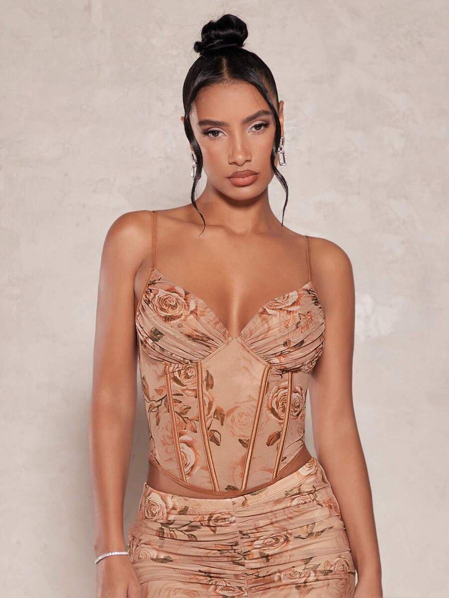 SHEIN BAE Floral Print Ruched Bustier Mesh Cami Top - Multicolor - View 1