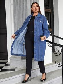SHEIN Essnce Plus Flap Pocket Drop Shoulder Denim Coat - Medium Wash - View 6