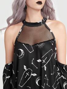 ROMWE Goth Vestido con estampado de luna & cruz con malla en contraste bajo asimétrico - Blanco y Negro - Ver 2