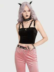 ROMWE Goth Solid Crop Cami Top Without Choker - Black - View 3