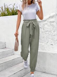 SHEIN Frenchy Paperbag Waist Belted Pants - Green - View 3