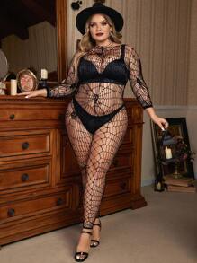 大碼萬聖節鏤空漁網連身襪不附帶內衣褲套裝 - 黑色 - 查看 1