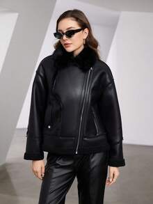 Zip Up PU Leather Jacket - Black - View 4