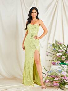 Missord One Shoulder Split Thigh Sequin Party Dress - Mint Green - View 5