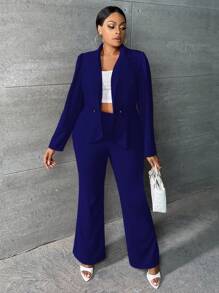 SHEIN SXY Plus Solid Blazer & Flare Leg Pants Graduation,Back To School,Teacher Outfits For Women In Fall/Winter - Royal Blue - View 5