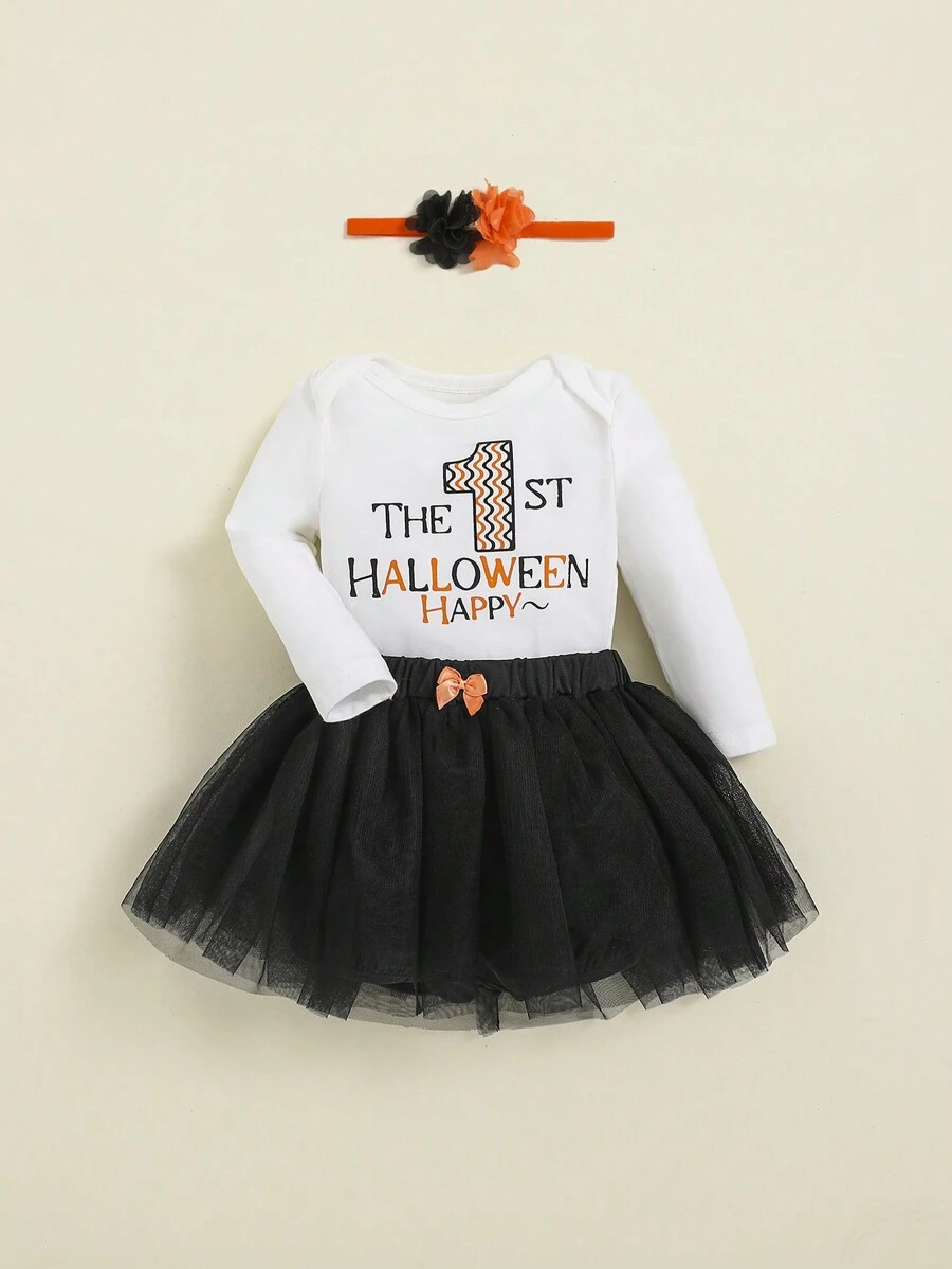 SHEIN Newborn Baby Girl Slogan Graphic Bodysuit & Bow Front Mesh Skirt & Headband - Multicolor - View 1