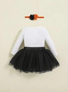 SHEIN Newborn Baby Girl Slogan Graphic Bodysuit & Bow Front Mesh Skirt & Headband - Multicolor - View 2