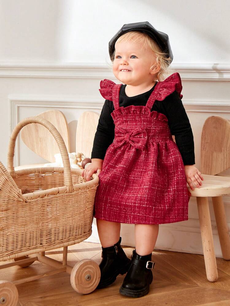Baby Girl Solid Tee & Bow Front Ruffle Trim Overall Dress