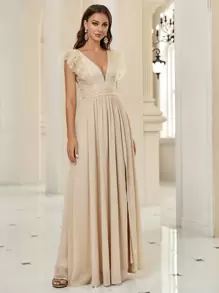 SHEIN Belle Đầm dự tiệc xẻ đùi đính sequin tương phản, đầm dự tiệc trang trọng cho nữ, váy dự tiệc cưới thanh lịch, dự tiệc tốt nghiệp, tiệc tối - Màu be - Xem 6