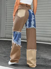 SHEIN EZwear Jeans con estampado de paisley de color combinado ribete crudo - Multicolor - Ver 2