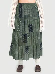 ROMWE Fairycore Plus Size Vacation Leisure Patchwork Printed Skirt - Army Green - View 5