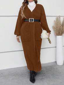 Mulvari 大码落肩口袋贴花开衫 - 咖啡棕 - 查看 4