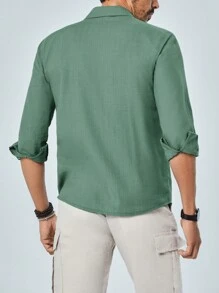 RueChic Men Solid Button Up Pocket Patched Shirt - Green - View 2