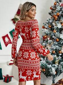 SHEIN Maternity Christmas Print Belted Bodycon Dress - Red - View 2