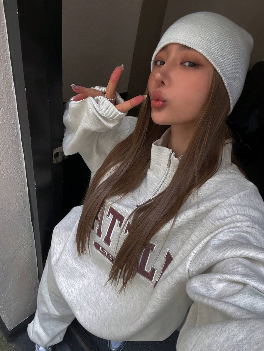 DAZY 女士立领半拉链抓绒卫衣，秋冬季百搭单品 - 灰色 - 查看 1