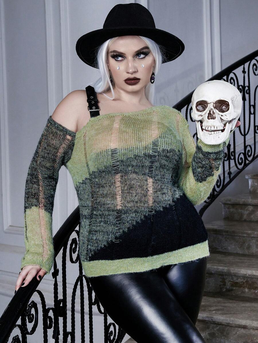 Flirla Plus Halloween Colorblock Asymmetrical Neck Buckle Strap Detail Sweater Knit Pullover Fall Winter Sweater - Multicolor - View 1